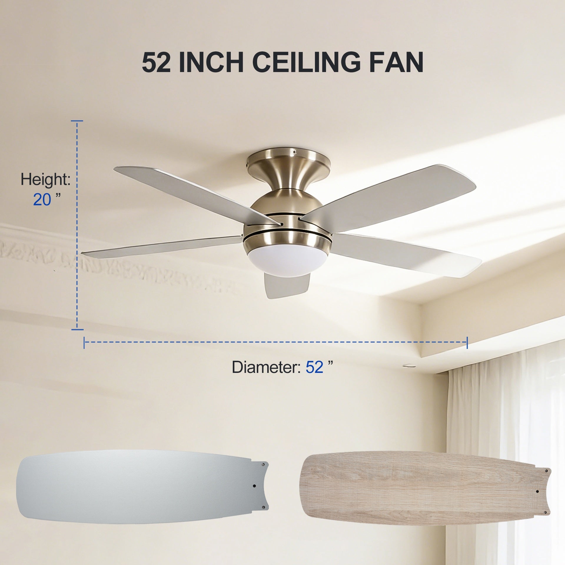 52 Inch 5 PCS Plywood Reversible Blades  Ceiling Fan With Light Kit 3 Color  , LED, DC 6 Speed ,Remote Control Ceiling Fan  for Patio Living Room, Bedroom, Office,Indoor.(( Sliver + Brushed Gold)