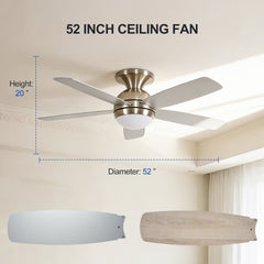52 Inch 5 PCS Plywood Reversible Blades  Ceiling Fan With Light Kit 3 Color  , LED, DC 6 Speed ,Remote Control Ceiling Fan  for Patio Living Room, Bedroom, Office,Indoor.(( Sliver + Brushed Gold)