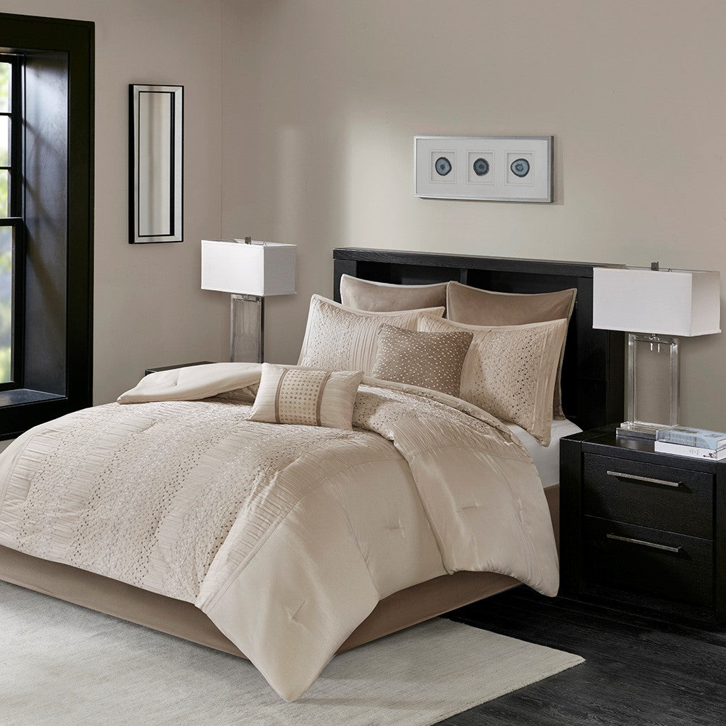 8 Piece Embroidered Comforter Set Natural Queen