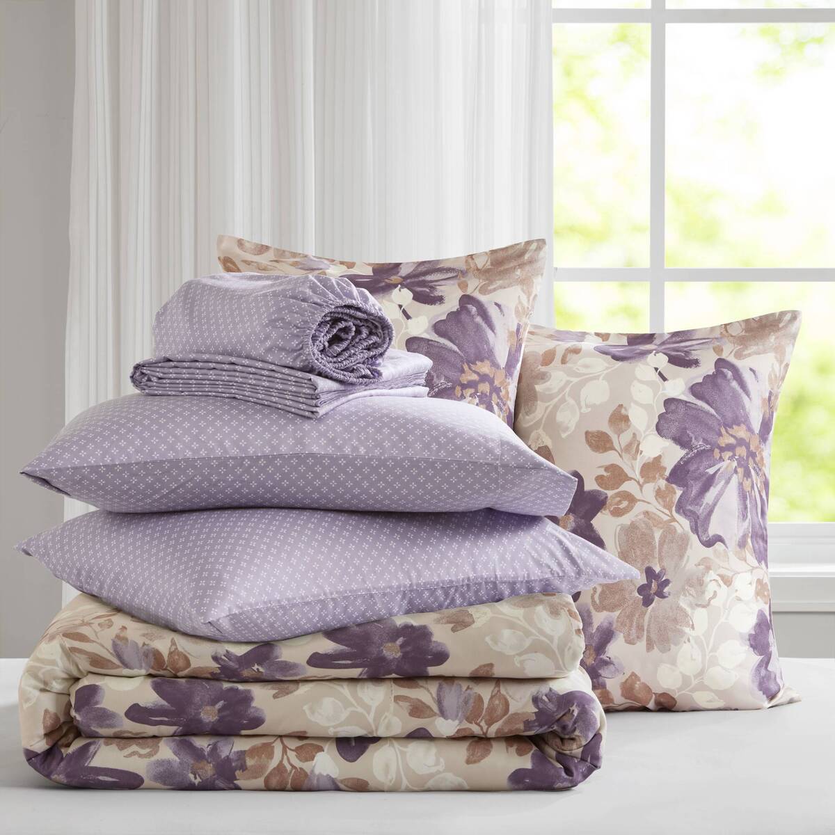 Floral Comforter Set with Bed Sheets Taupe Full