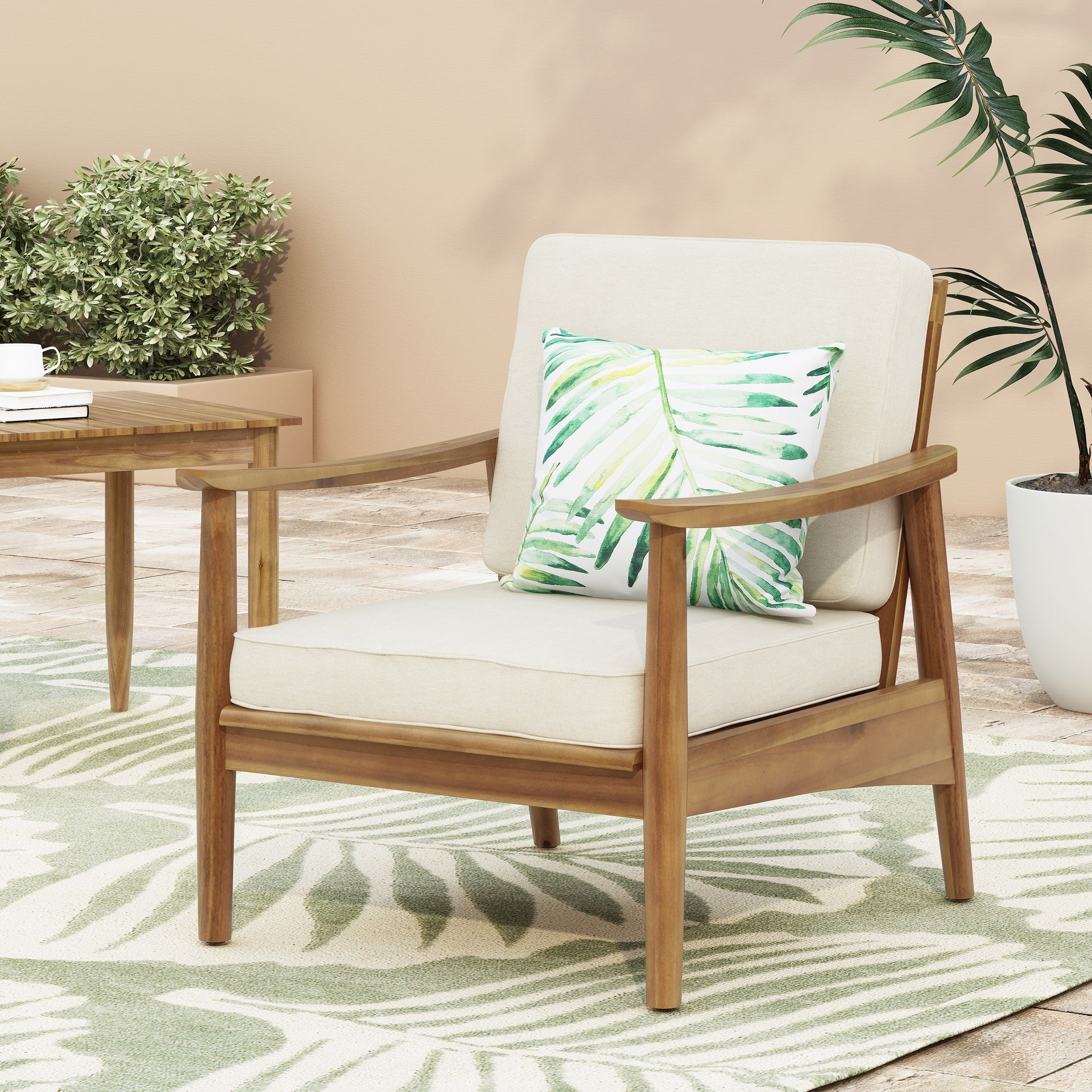 Club Chairs Laurent 500lbs Capacity Acacia Outdoor, Teak Finish Patio Furniture Sets with Thick Cushion, Appropriate for Garden Porch