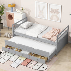 Twin Size Bed with Headboard, Footboard, Trundle and Three Storage Drawers, Twin Size Pine Wood Bed with Headboard, Footboard,Grey