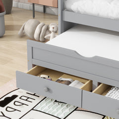 Twin Size Bed with Headboard, Footboard, Trundle and Three Storage Drawers, Twin Size Pine Wood Bed with Headboard, Footboard,Grey