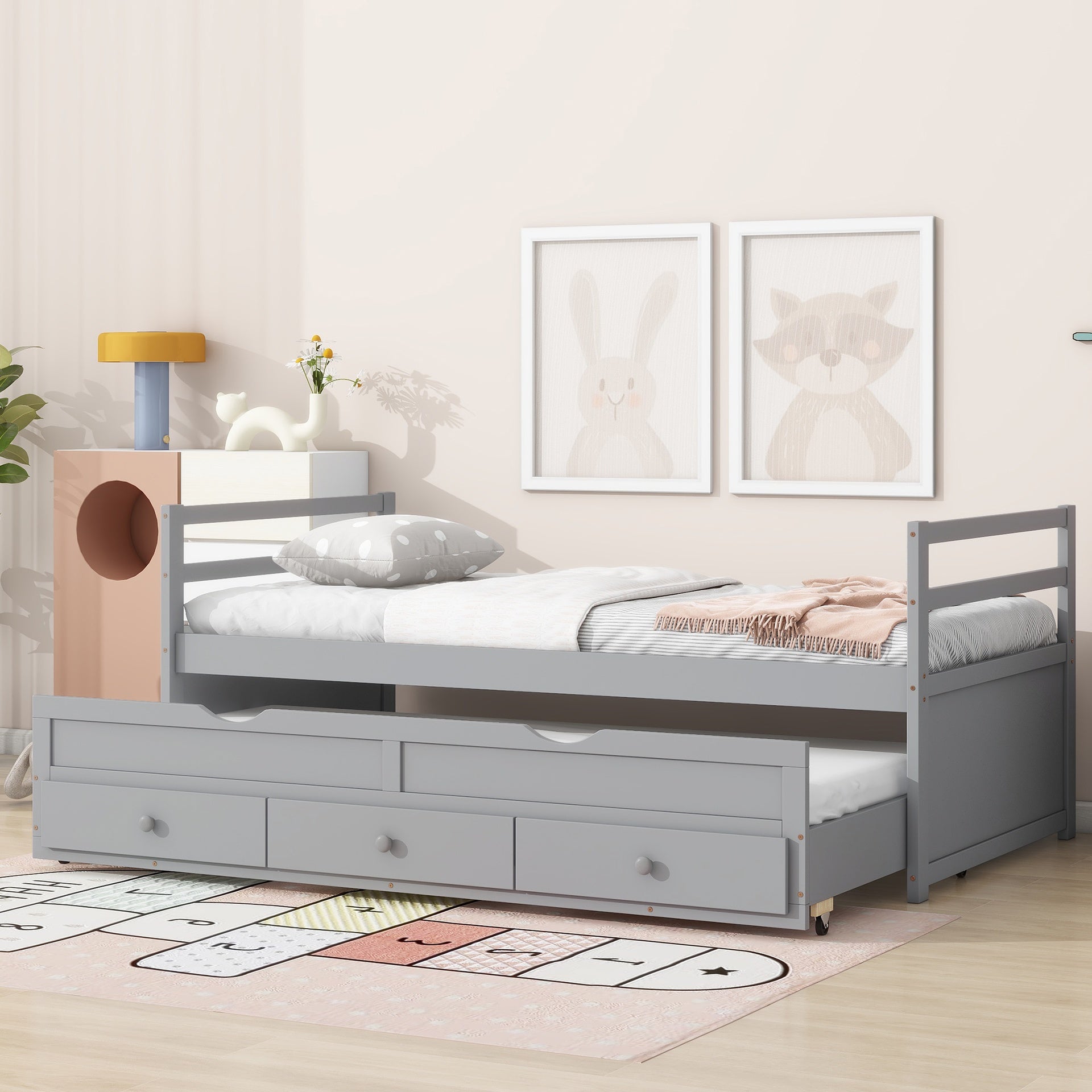Twin Size Bed with Headboard, Footboard, Trundle and Three Storage Drawers, Twin Size Pine Wood Bed with Headboard, Footboard,Grey