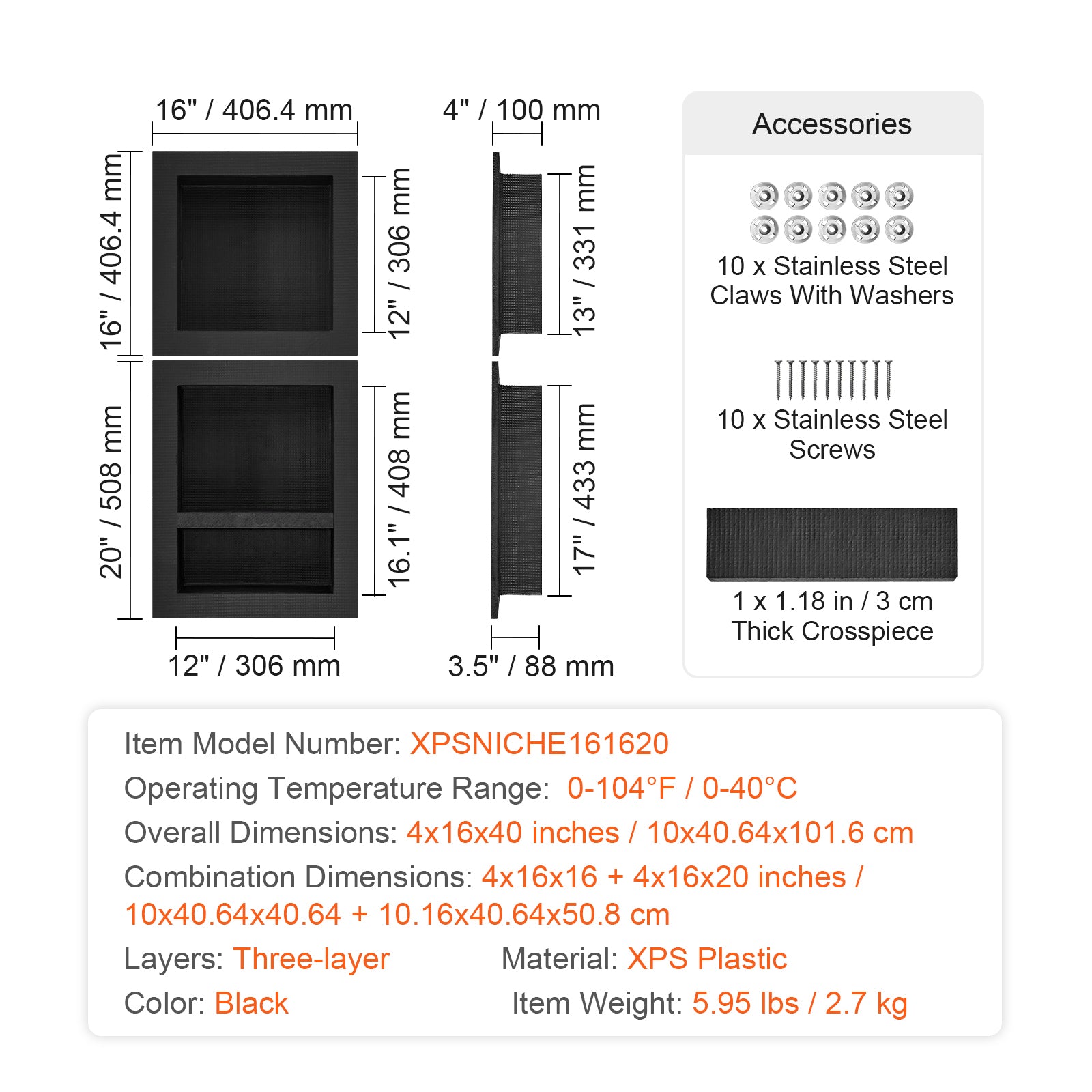 Shower Niche Ready for Tile 16" x 16" & 16" x 20", Triple Shelf Organizer, Square Corners Wall-inserted Niche Recessed, Sealed Protection Modern Soap Storage Niche for Shower Bathroom, Black