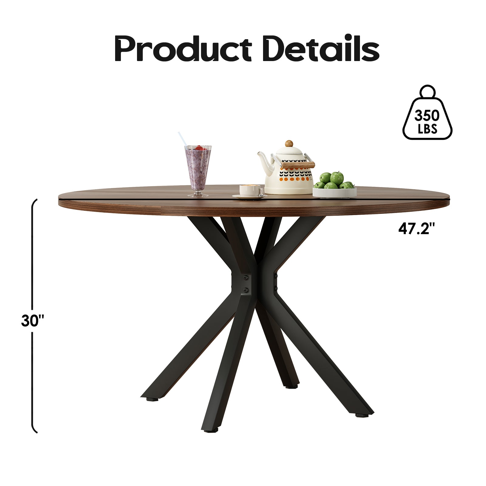 47.2" Solid Wood Round Dining Kitchen Table for 4-6 People with Intersecting Pedestal Base