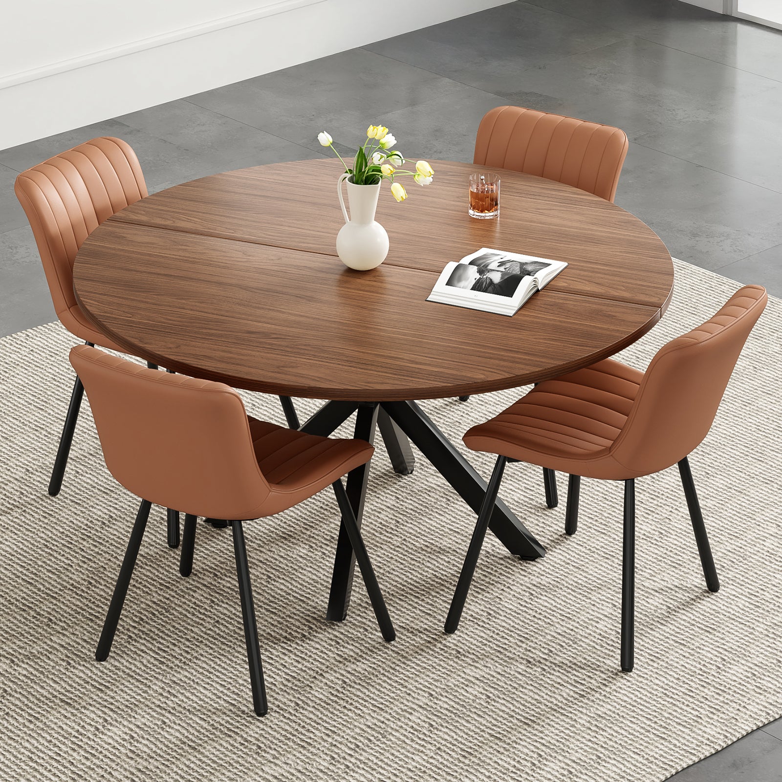 47.2" Solid Wood Round Dining Kitchen Table for 4-6 People with Intersecting Pedestal Base