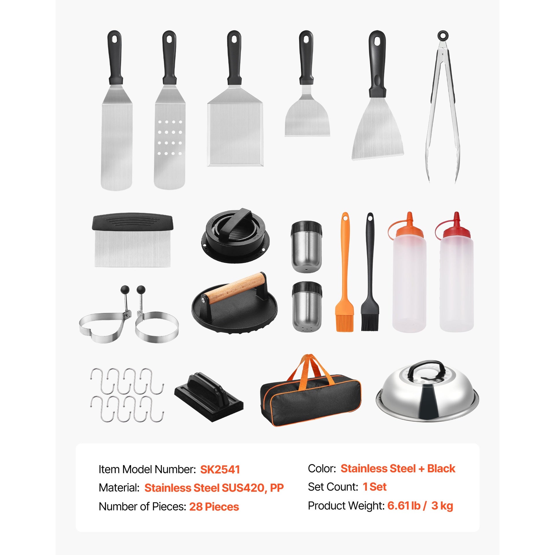 28PCS Griddle Accessories Kit Flat Top Grill Spatula BBQ Tools Stainless Steel