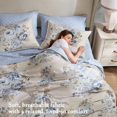 7-Piece King 7 Piece Vintage-inspired Collection floral print,Beige/Blue