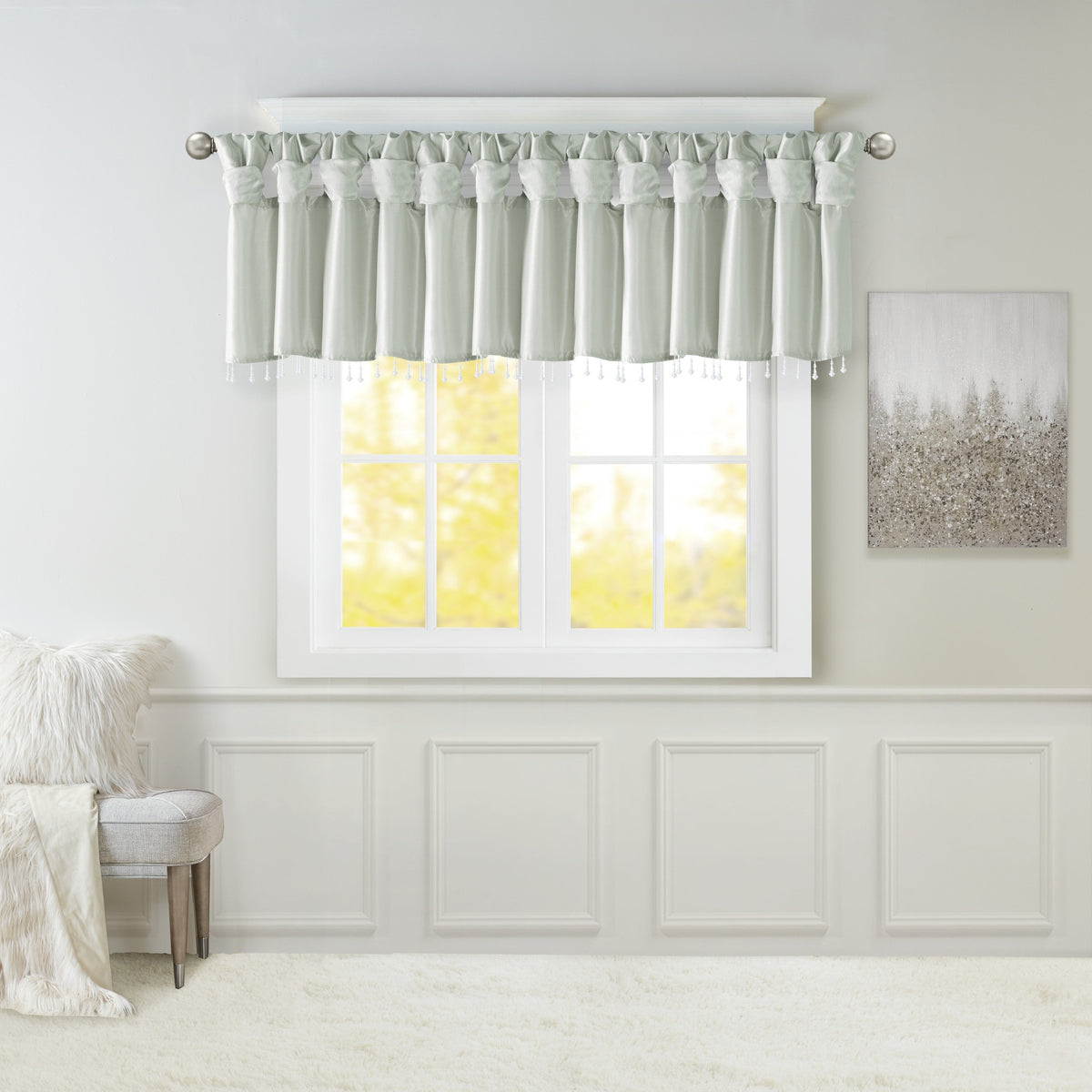Lightweight Faux Silk Valance With Beads Dusty Aqua 50x26"