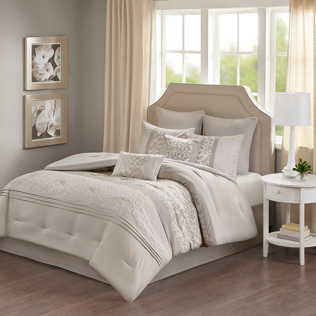 Embroidered 8 Piece Comforter Set Neutral Cal King