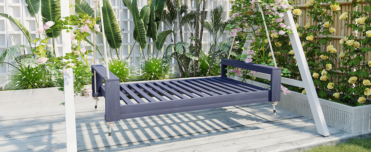TOPMAX Twin Size Porch Swing Bed Seating Group, Patio Acacia Wood Swing Frame with Hemp Ropes for Garden, Backyard, Gray