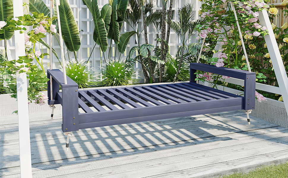 TOPMAX Twin Size Porch Swing Bed Seating Group, Patio Acacia Wood Swing Frame with Hemp Ropes for Garden, Backyard, Gray