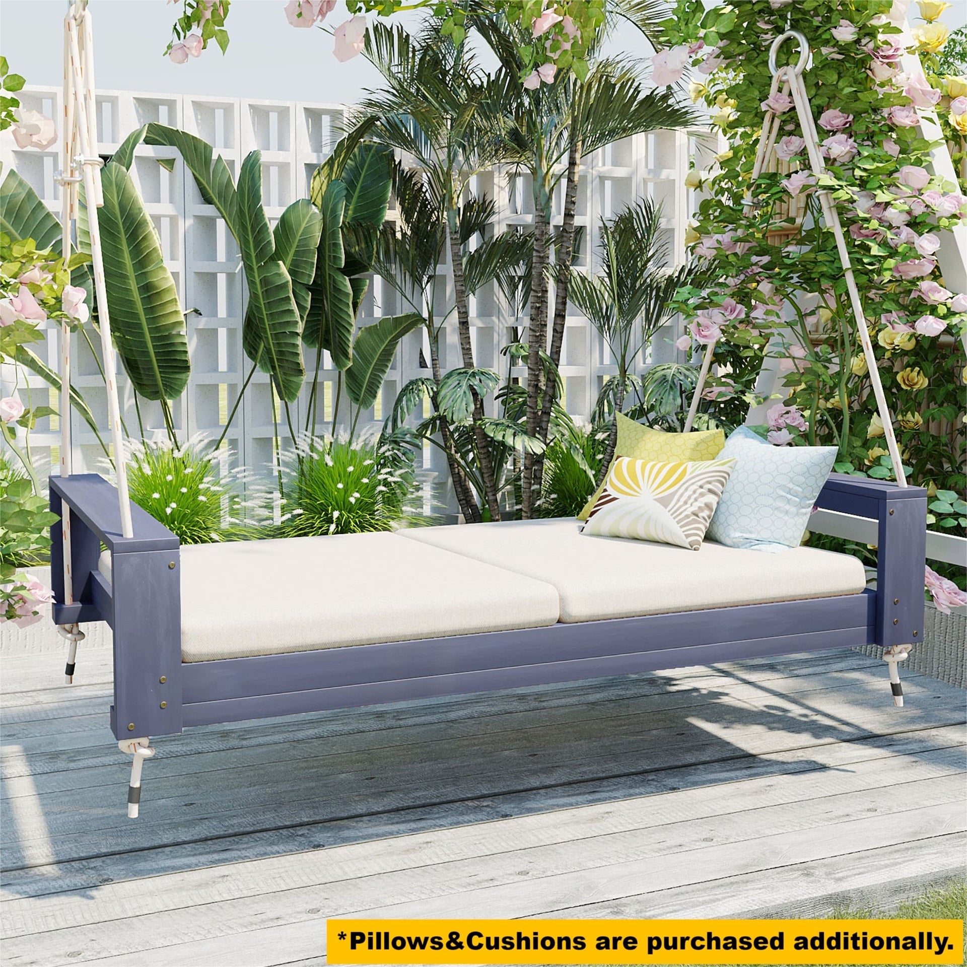 TOPMAX Twin Size Porch Swing Bed Seating Group, Patio Acacia Wood Swing Frame with Hemp Ropes for Garden, Backyard, Gray