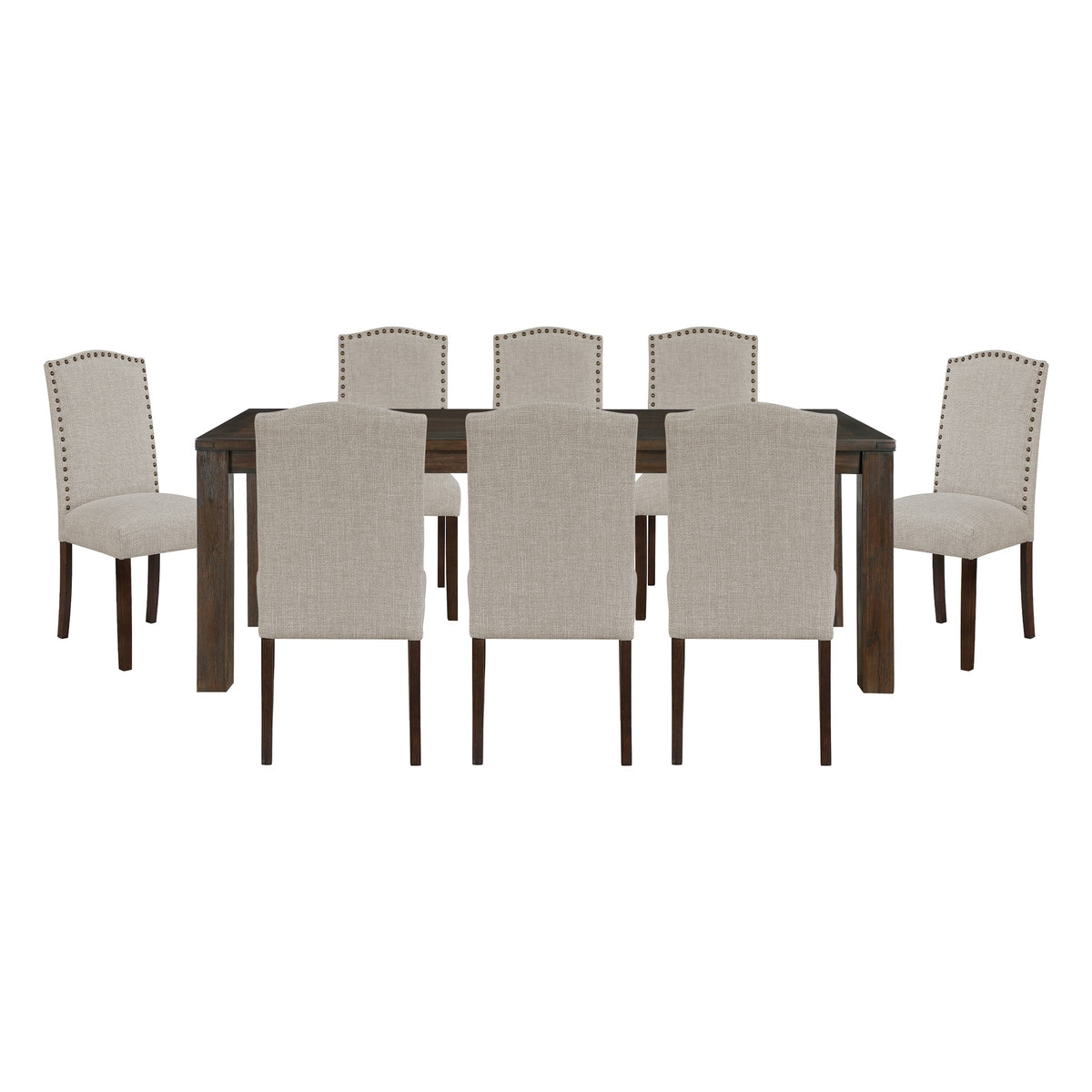 9pc Dining Set Dark Brown Finish Table and Taupe Fabric Upholstered 8x Side Chairs Wooden Modern Dining Kitchen Furniture