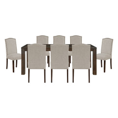 9pc Dining Set Dark Brown Finish Table and Taupe Fabric Upholstered 8x Side Chairs Wooden Modern Dining Kitchen Furniture