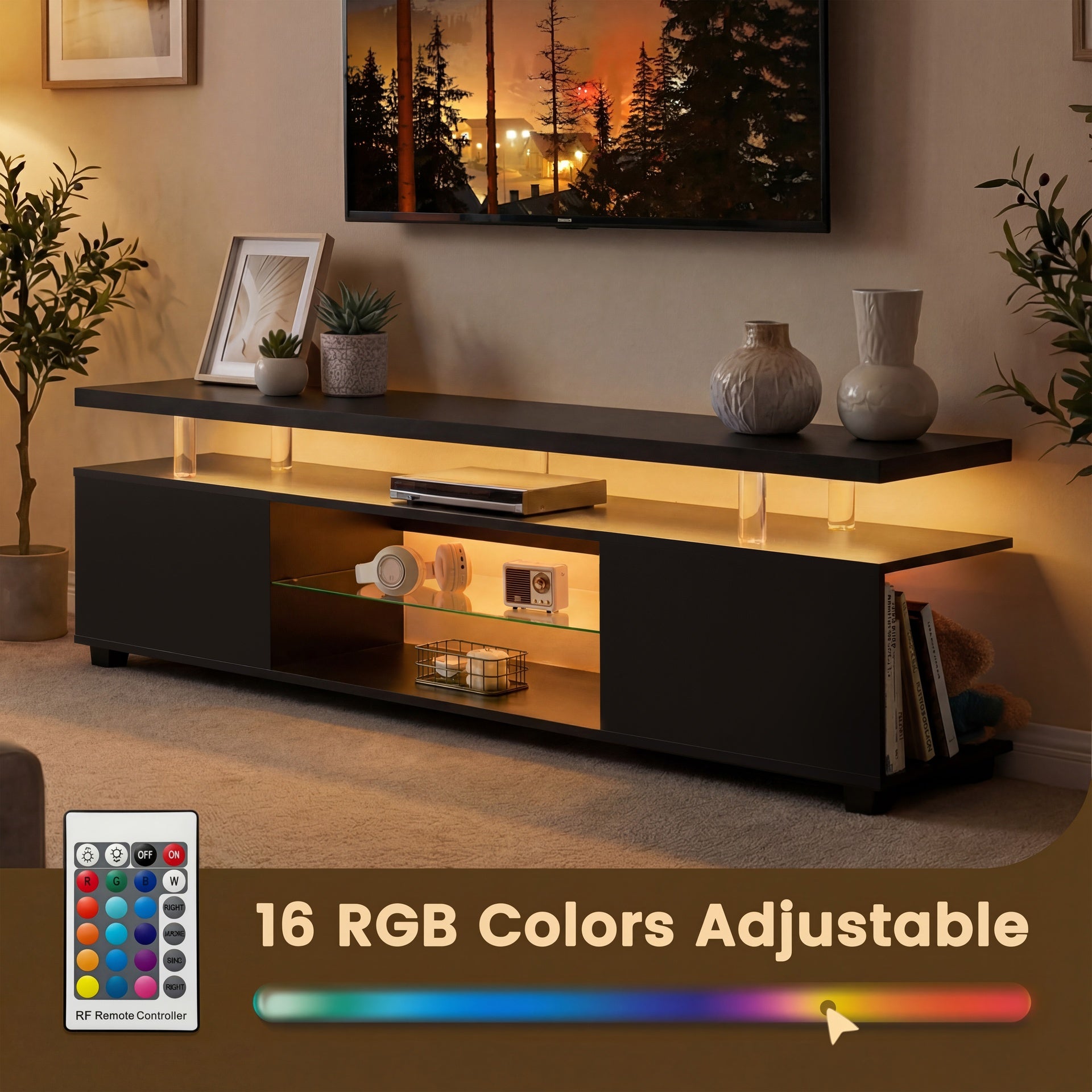 TV Stand for 70 Inch TV LED Gaming Entertainment Center Media Storage Console Table with Large Side Cabinet for Living Room Black
