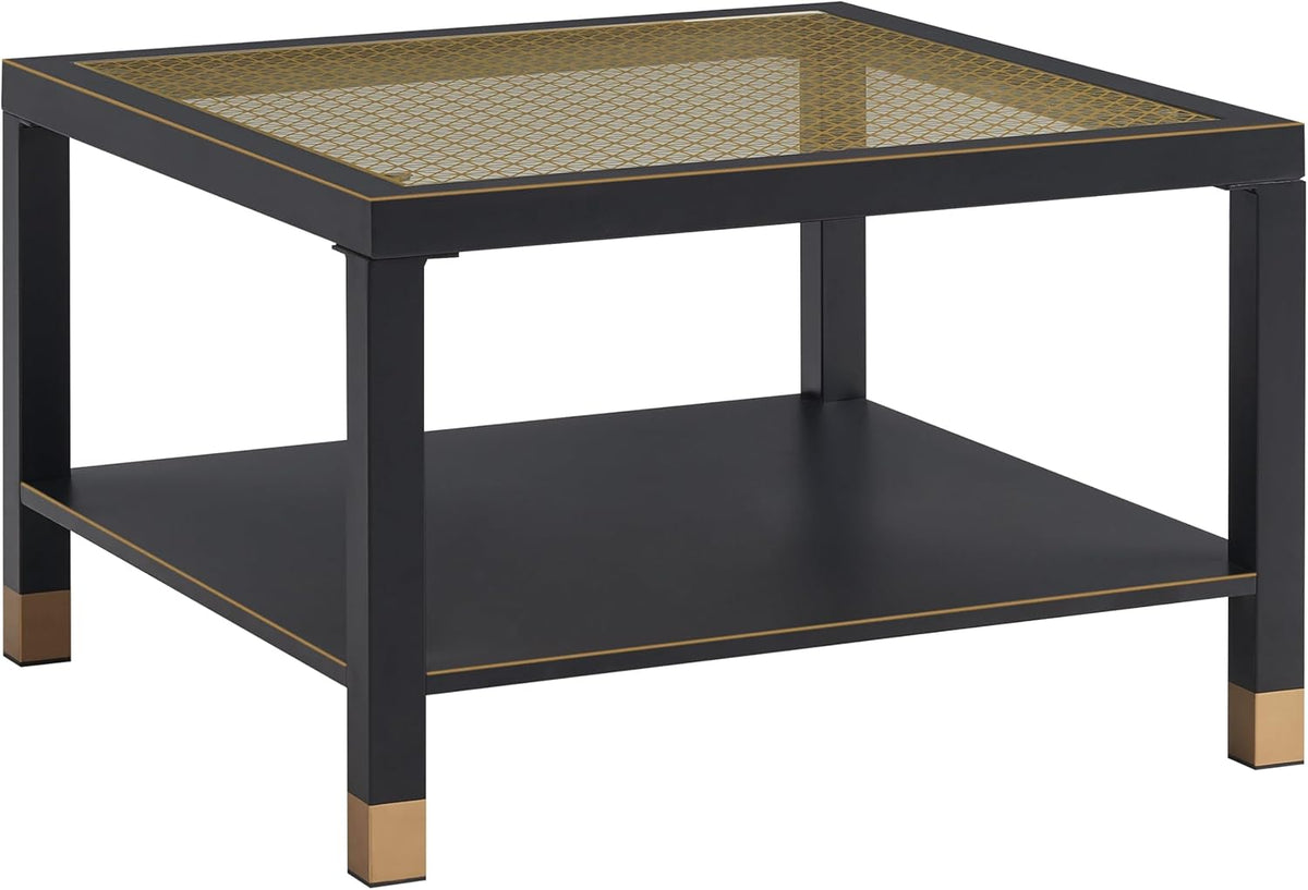 Industrial Square Coffee Table - 27.6" Matte Black Steel Frame & Gold Mesh Glass Top