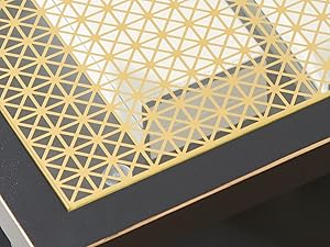 Industrial Square Coffee Table - 27.6" Matte Black Steel Frame & Gold Mesh Glass Top