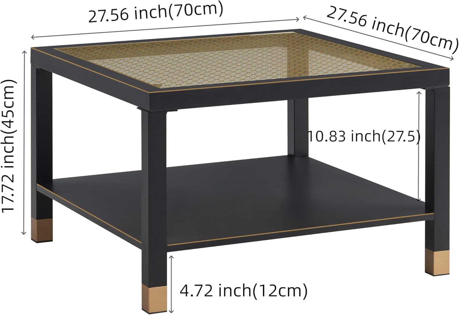 Industrial Square Coffee Table - 27.6" Matte Black Steel Frame & Gold Mesh Glass Top