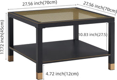 Industrial Square Coffee Table - 27.6" Matte Black Steel Frame & Gold Mesh Glass Top