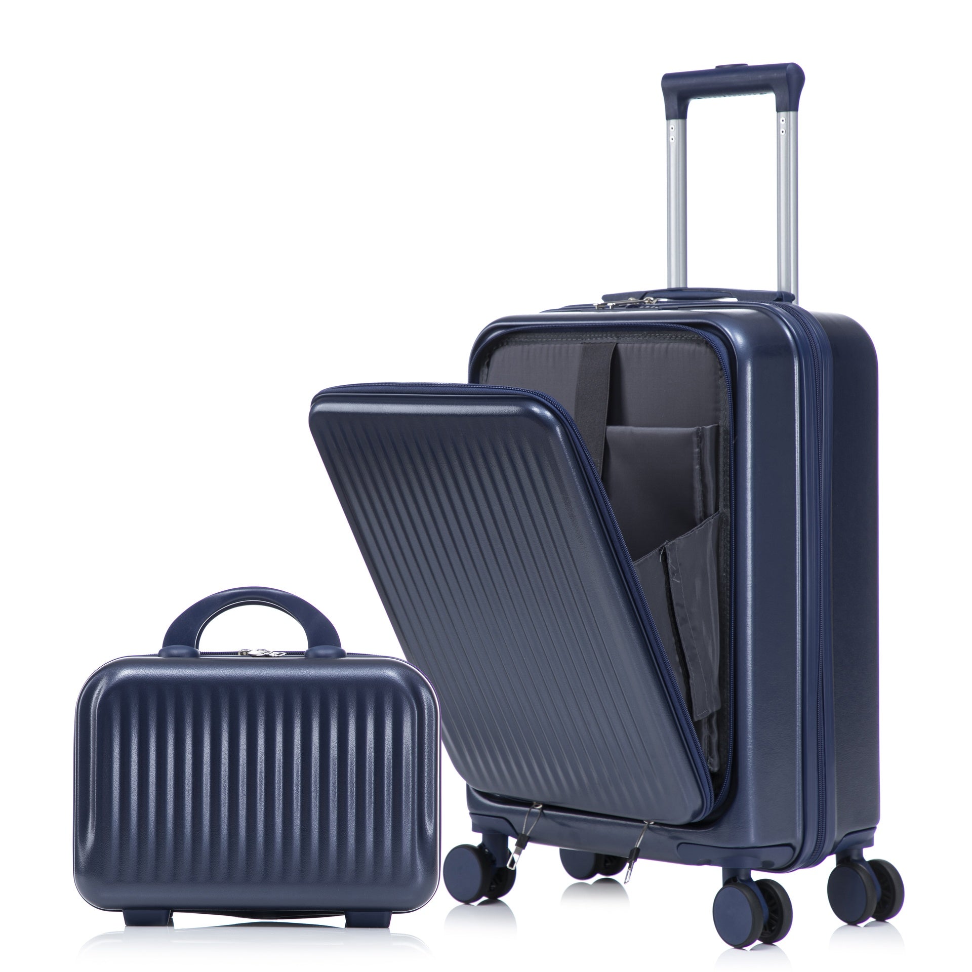 14"/20" 2 pcs/set in ABS Spinner Wheel Luggage, with Combination Lock and Front Opening Design, 14" Cosmetic Case (Navy)