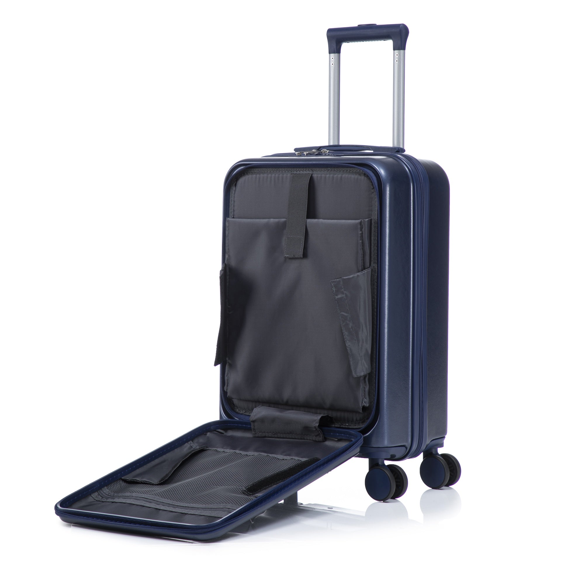14"/20" 2 pcs/set in ABS Spinner Wheel Luggage, with Combination Lock and Front Opening Design, 14" Cosmetic Case (Navy)