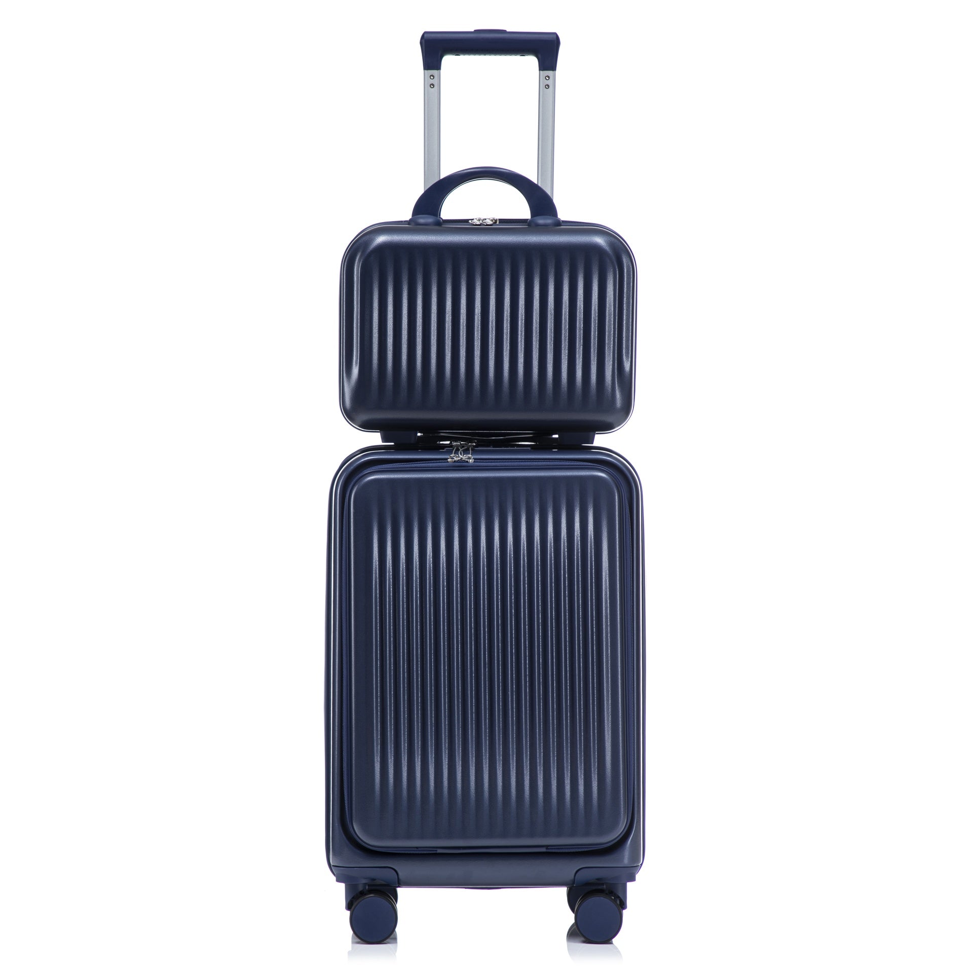 14"/20" 2 pcs/set in ABS Spinner Wheel Luggage, with Combination Lock and Front Opening Design, 14" Cosmetic Case (Navy)