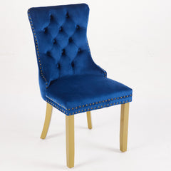 Mid-Century Modern Chairs with Lion Head Pull Ring,High-end Tufted Solid Wood Contemporary Velvet Upholstered Dining Chair with Golden Wooden Legs Nailhead Trim 2-Pcs Set,Blue,SW1201BL