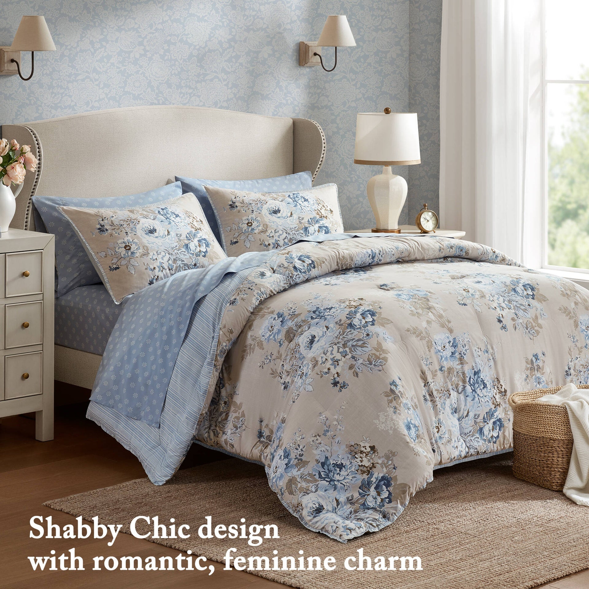 7-Piece Full 7 Piece Vintage-inspired Collection floral print,Beige/Blue