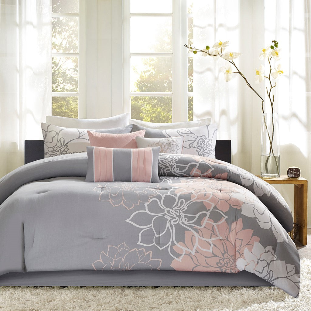 Printed Cotton Sateen Comforter Set Grey/Peach King