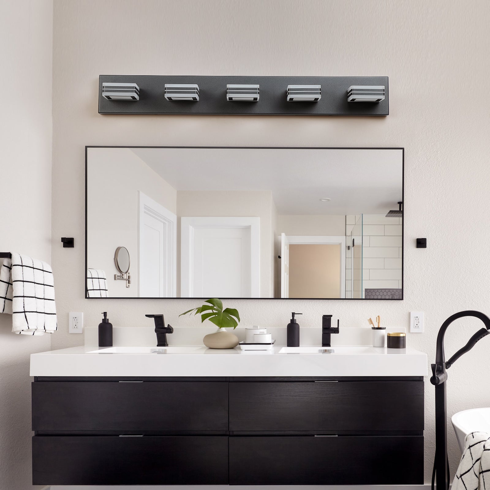 32" Modern Black 5-Light LED Vanity Light, Square Acrylic Lampshades Wall Mount Fixture for Bathroom, Mirror Lighting