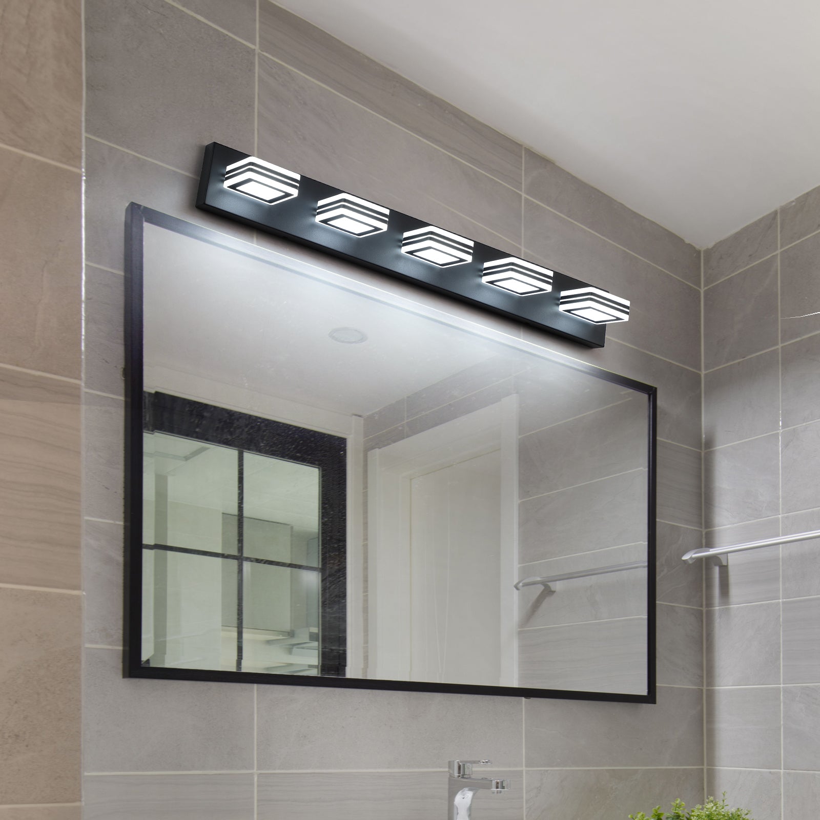 32" Modern Black 5-Light LED Vanity Light, Square Acrylic Lampshades Wall Mount Fixture for Bathroom, Mirror Lighting