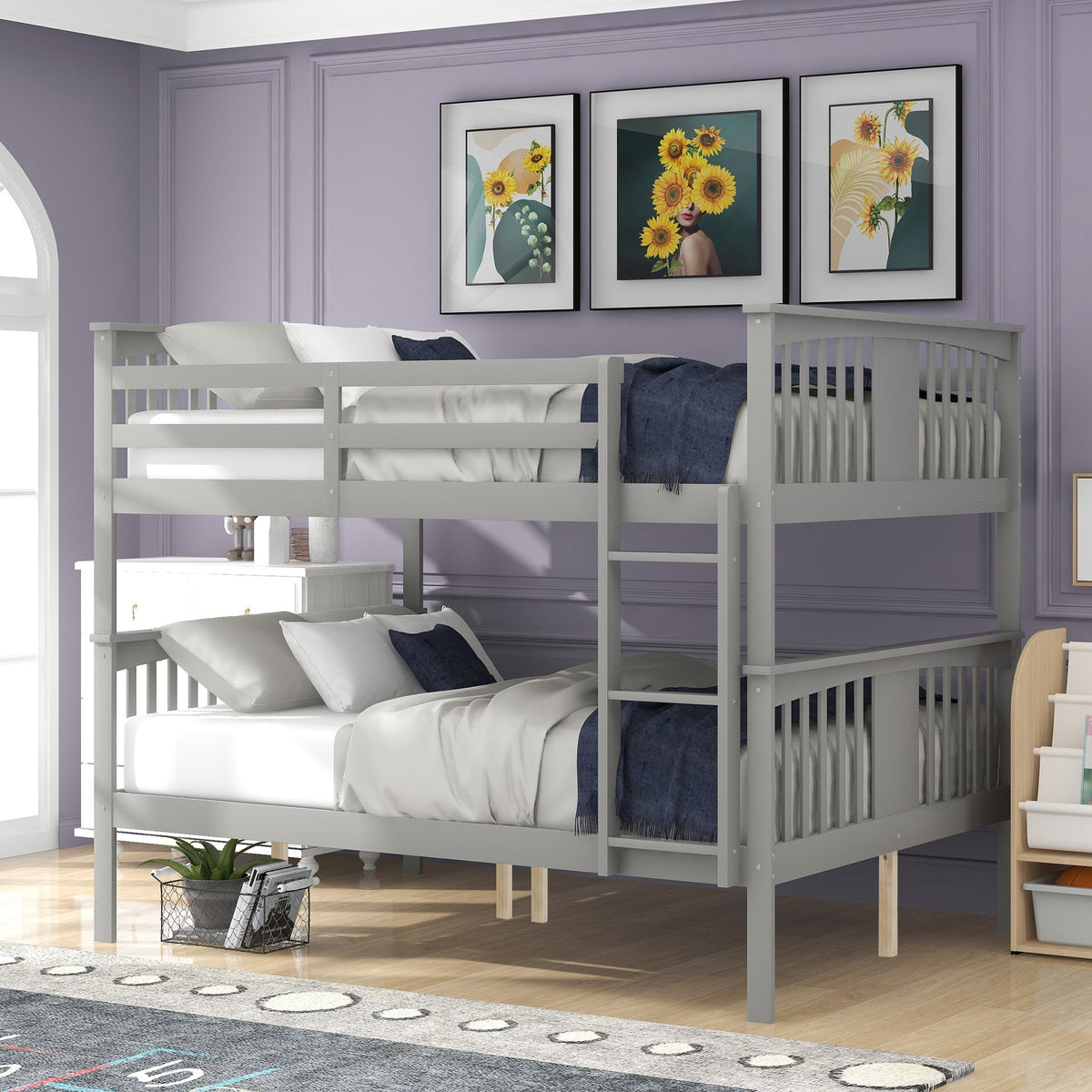 Full over Full Bunk Bed with Ladder for Bedroom, Guest Room Furniture-Gray