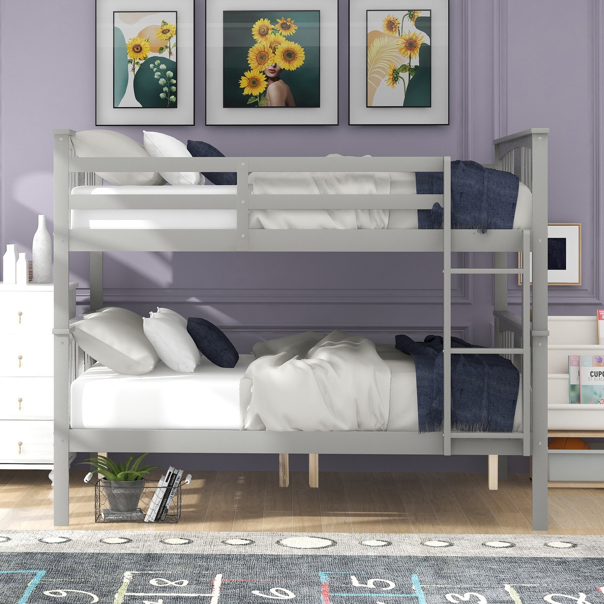 Full over Full Bunk Bed with Ladder for Bedroom, Guest Room Furniture-Gray
