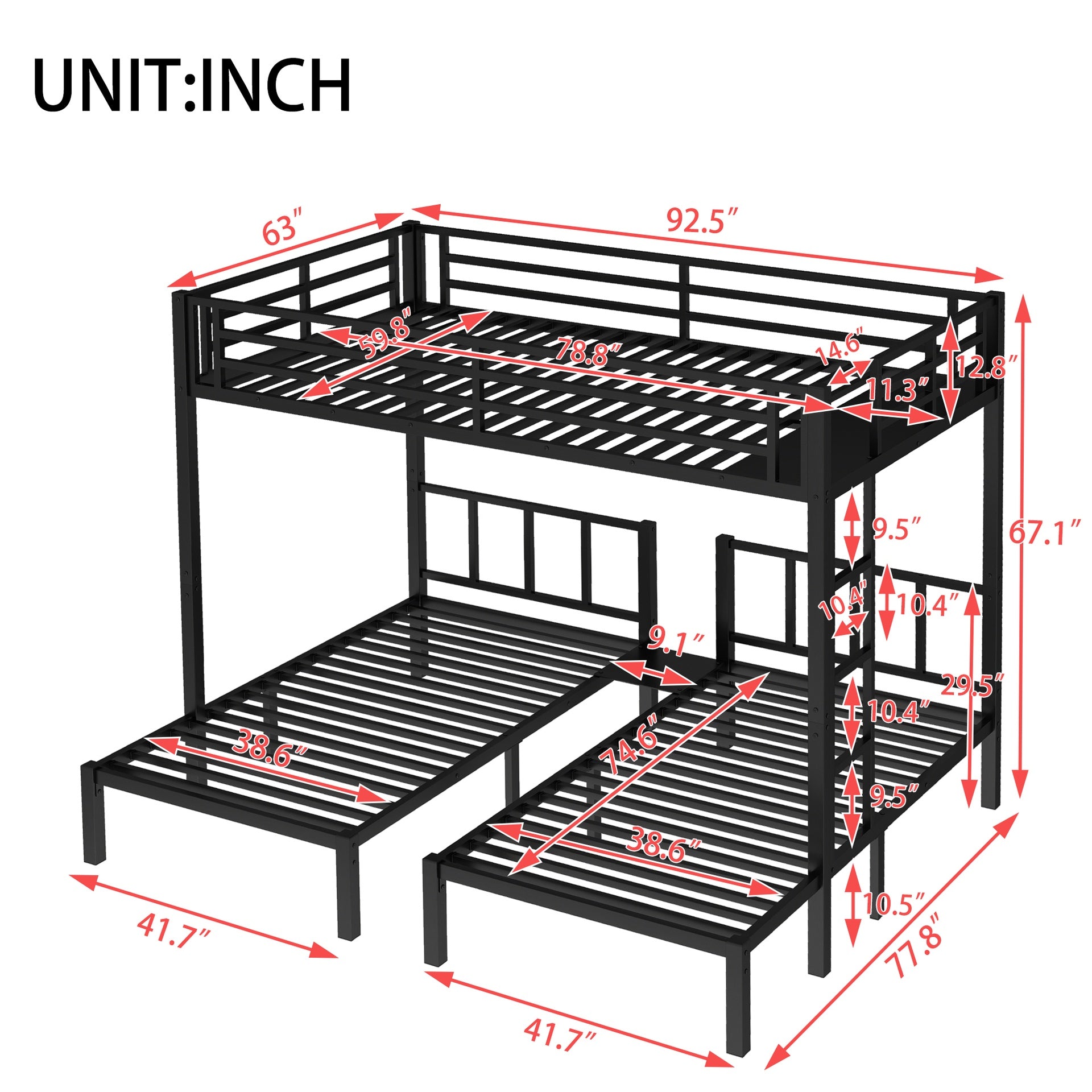Twin over Twin & Queen Bunk Bed, Metal Triple Bunk Bed with Safety Guardrails,Space-Saving/Noise Reduced,Black