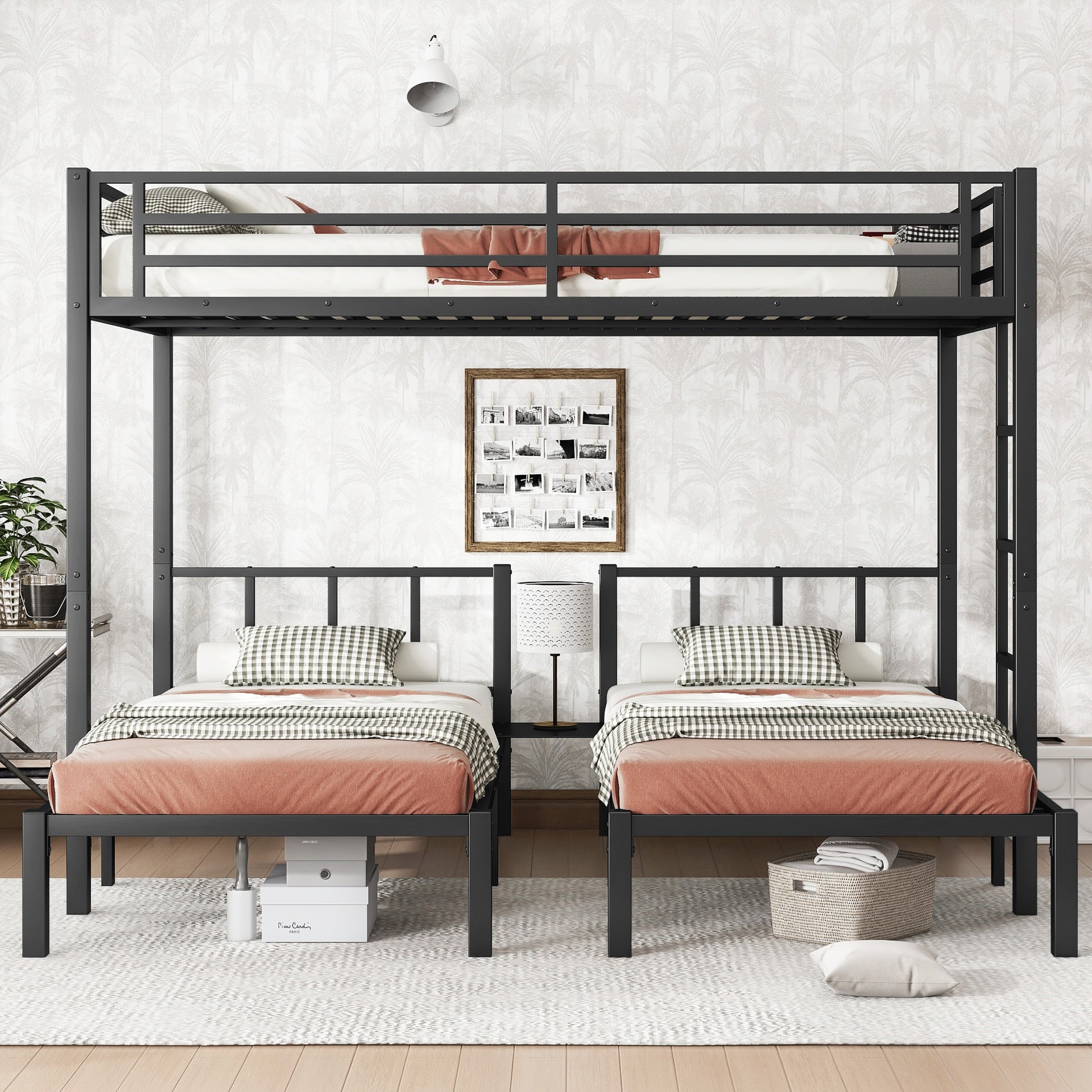 Twin over Twin & Queen Bunk Bed, Metal Triple Bunk Bed with Safety Guardrails,Space-Saving/Noise Reduced,Black