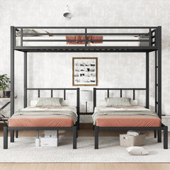 Twin over Twin & Queen Bunk Bed, Metal Triple Bunk Bed with Safety Guardrails,Space-Saving/Noise Reduced,Black