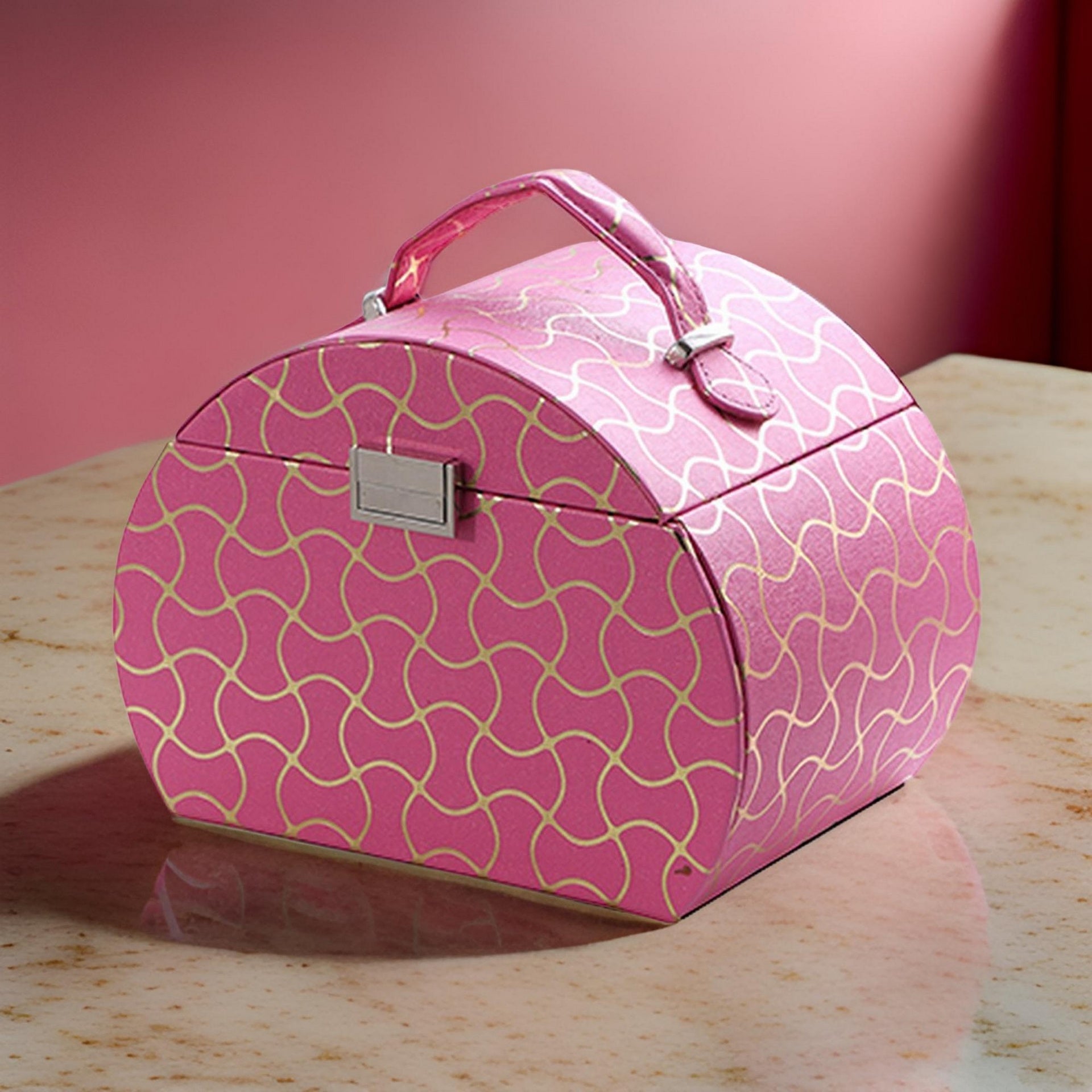 Travel Jewelry Case with 2 Drawer Storage and Wavy Textured Pattern, Pink
