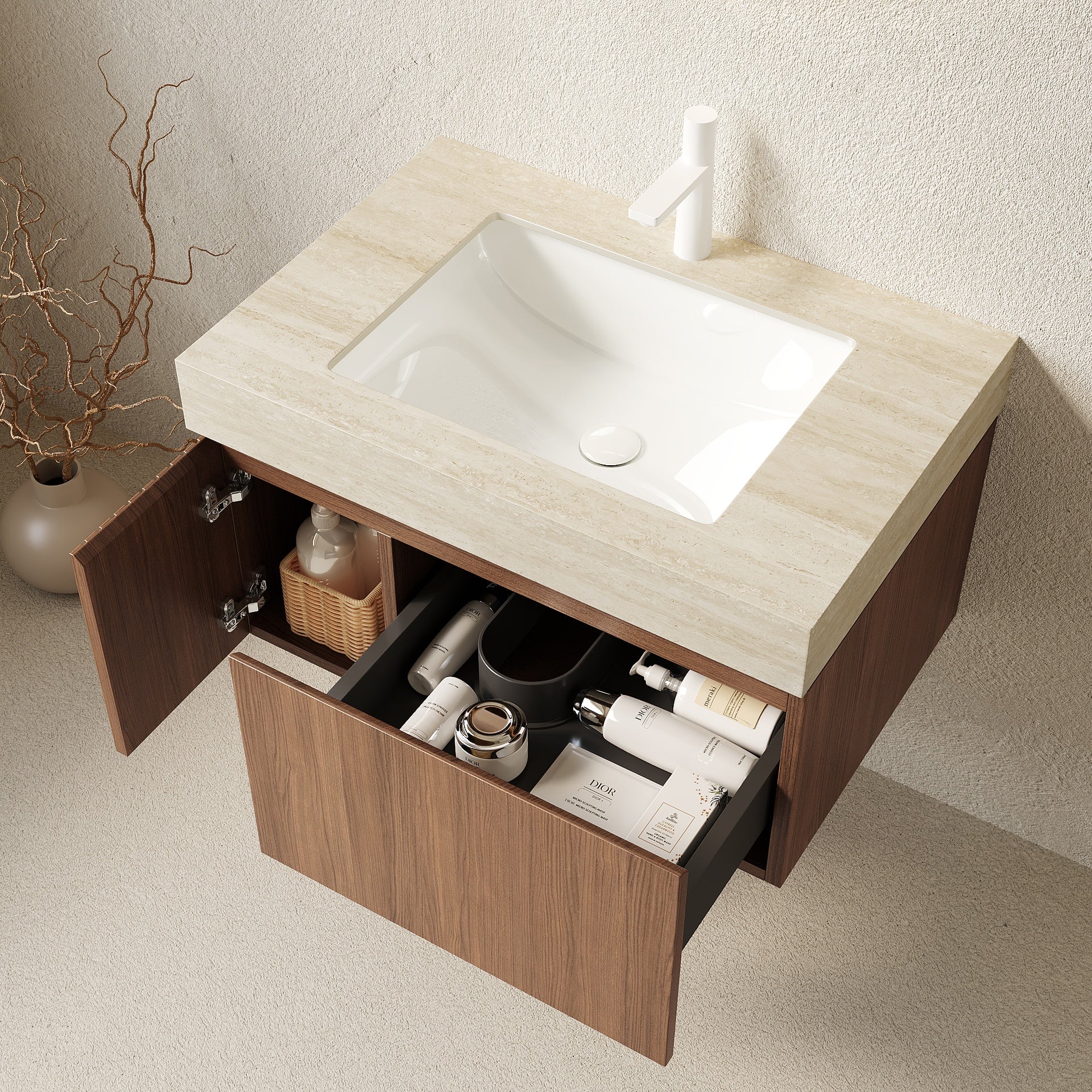 MURI 30" Bathroom Vanity&Sink, Floating Plywood Storage Cabinet with Drawer&Door, Roma Travertine Sintered Stone Top&Ceramic Basin with 1 Pre-drilled Faucet Hole, Pre-assembled, Brown Oak Woodgrain
