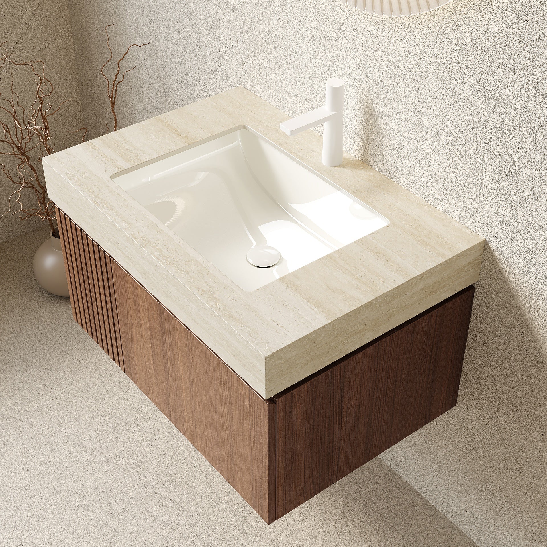 MURI 30" Bathroom Vanity&Sink, Floating Plywood Storage Cabinet with Drawer&Door, Roma Travertine Sintered Stone Top&Ceramic Basin with 1 Pre-drilled Faucet Hole, Pre-assembled, Brown Oak Woodgrain