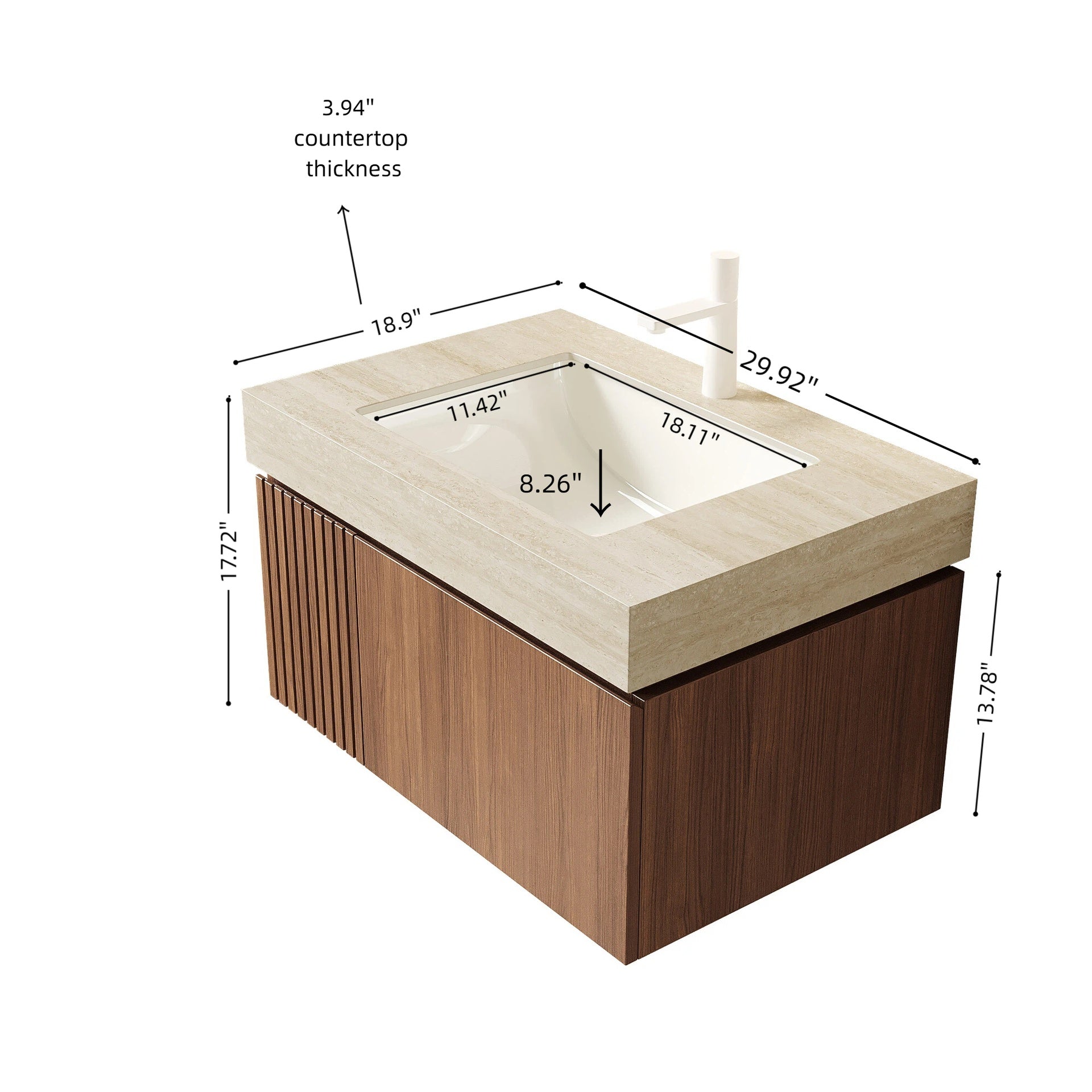 MURI 30" Bathroom Vanity&Sink, Floating Plywood Storage Cabinet with Drawer&Door, Roma Travertine Sintered Stone Top&Ceramic Basin with 1 Pre-drilled Faucet Hole, Pre-assembled, Brown Oak Woodgrain