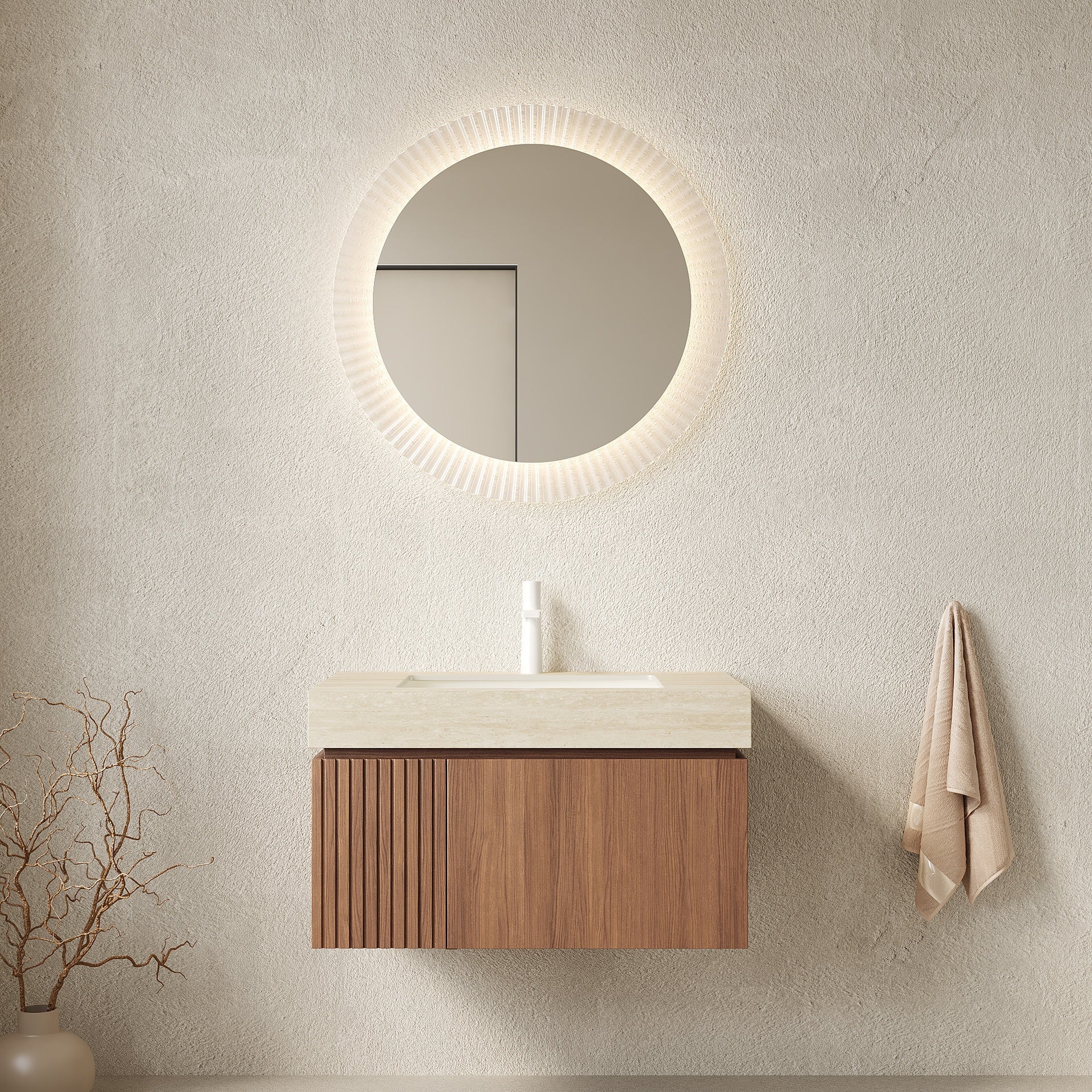 MURI 30" Bathroom Vanity&Sink, Floating Plywood Storage Cabinet with Drawer&Door, Roma Travertine Sintered Stone Top&Ceramic Basin with 1 Pre-drilled Faucet Hole, Pre-assembled, Brown Oak Woodgrain