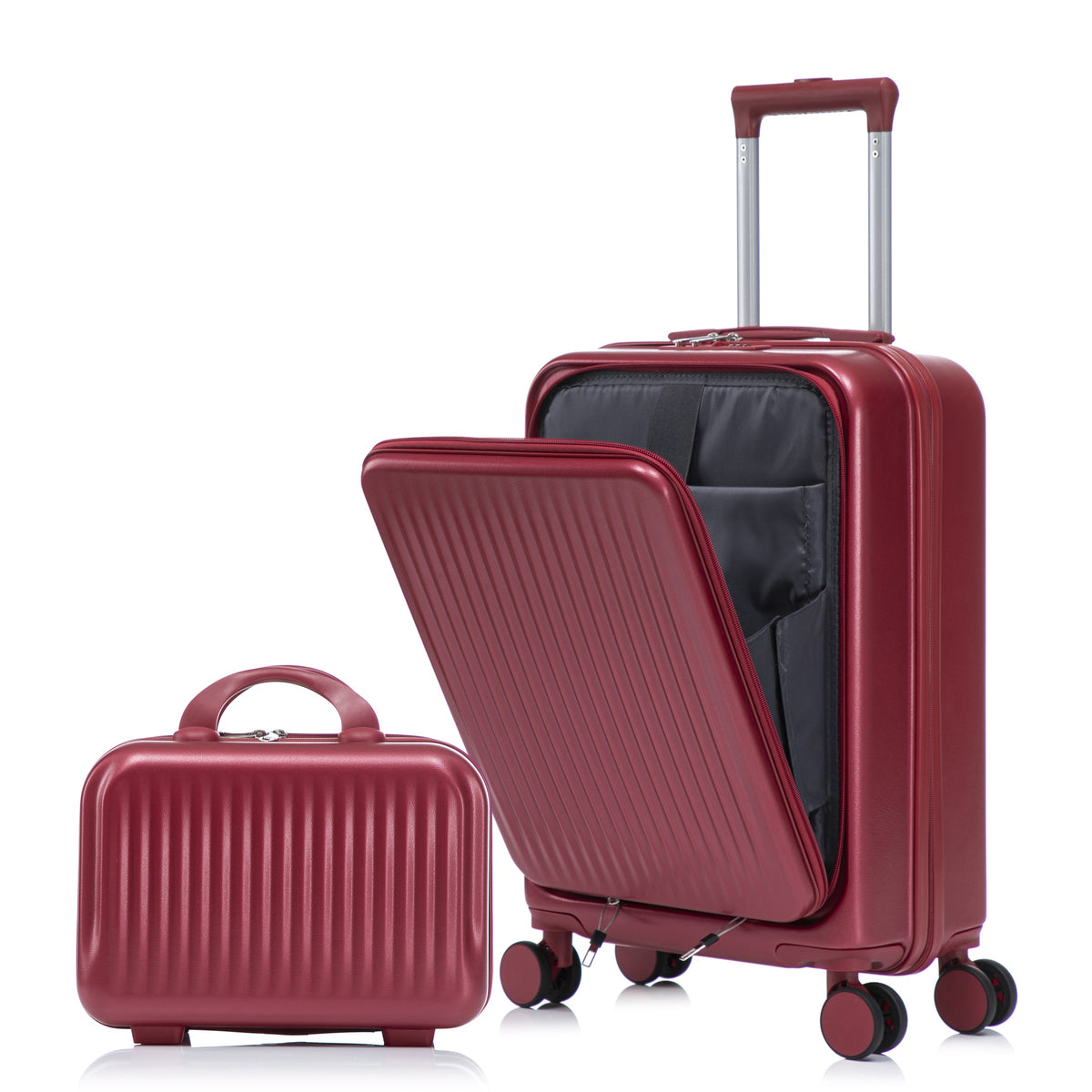 14"/20" 2 pcs/set in ABS Spinner Wheel Luggage, with Combination Lock and Front Opening Design, 14" Cosmetic Case (Red)