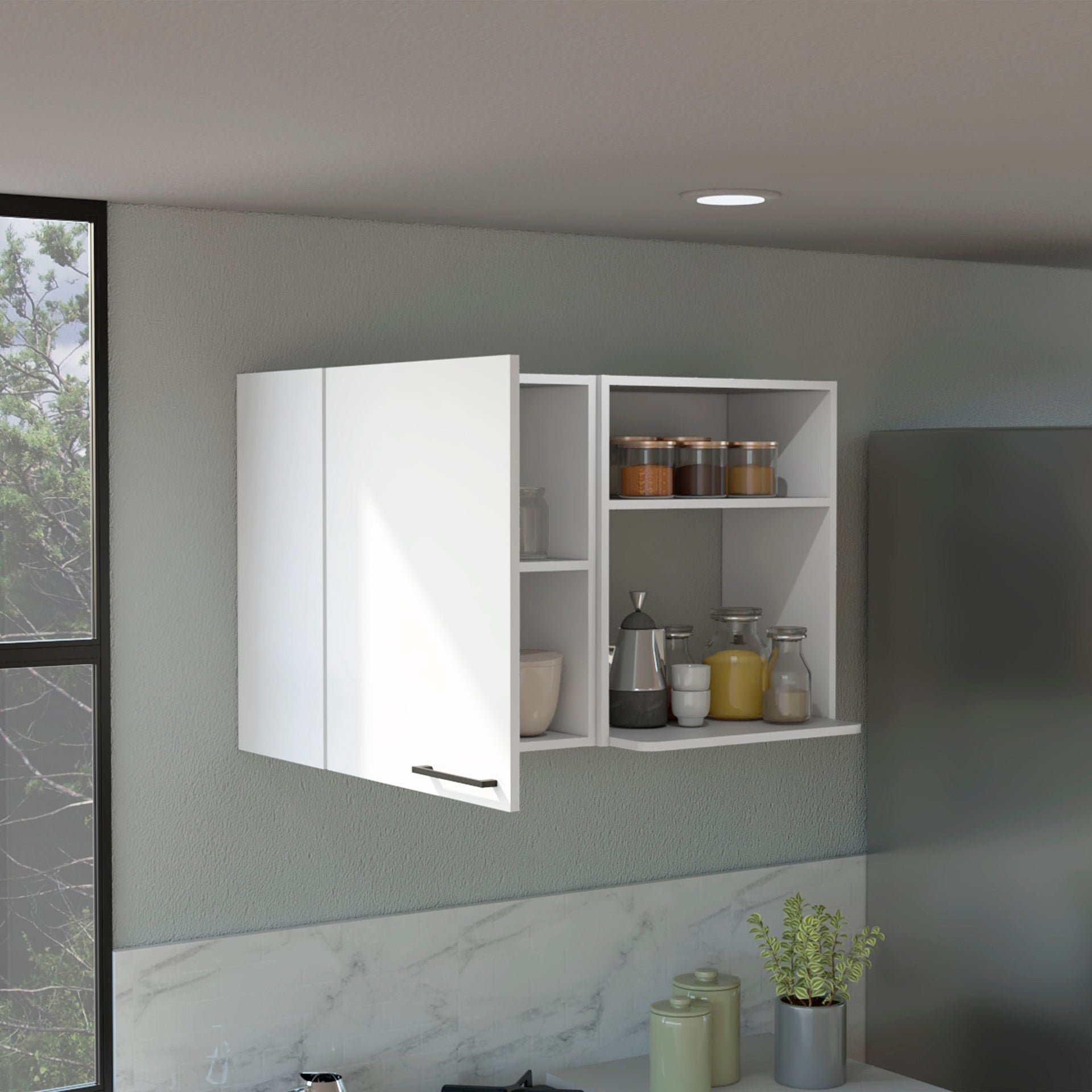 Stackable Wall Storage Cabinet 24" H, Two Internal Shelves, Two External Storage Shelves, One Door, White