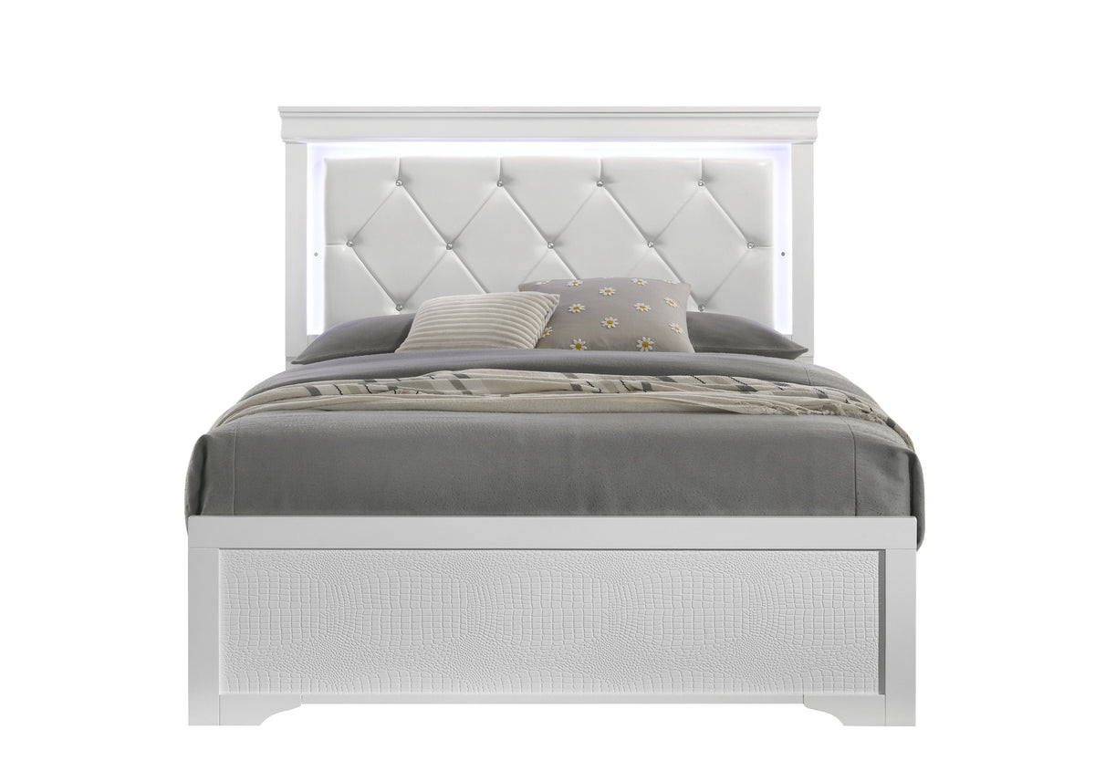 Blaze Upholstered Modern Style Queen Bed Made with LED Headboard & Wood in White (NJ Inventory)