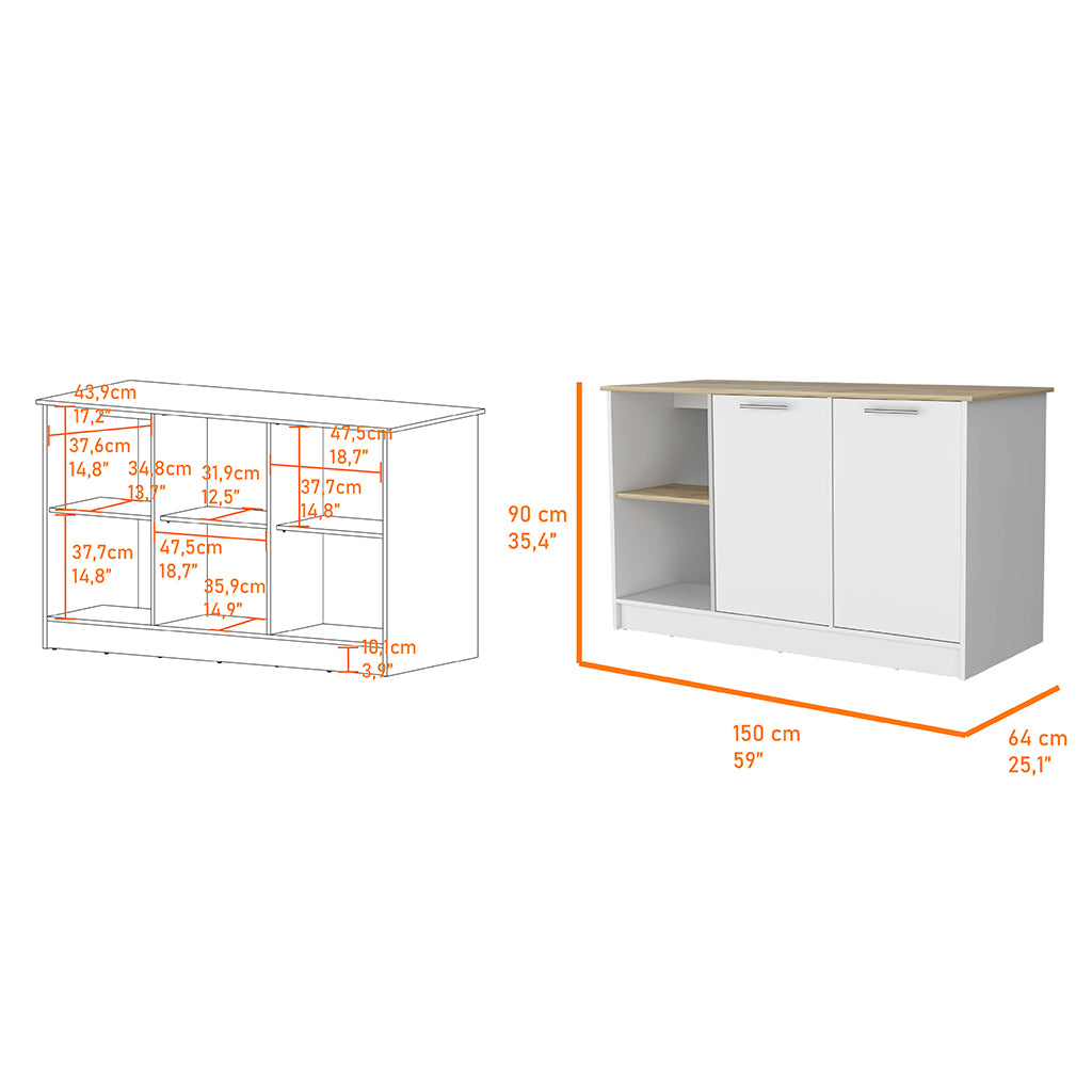 Mercury Kitchen Island with spacious Countertop, Double Door Cabinets, and 2 Open Storage Shelves