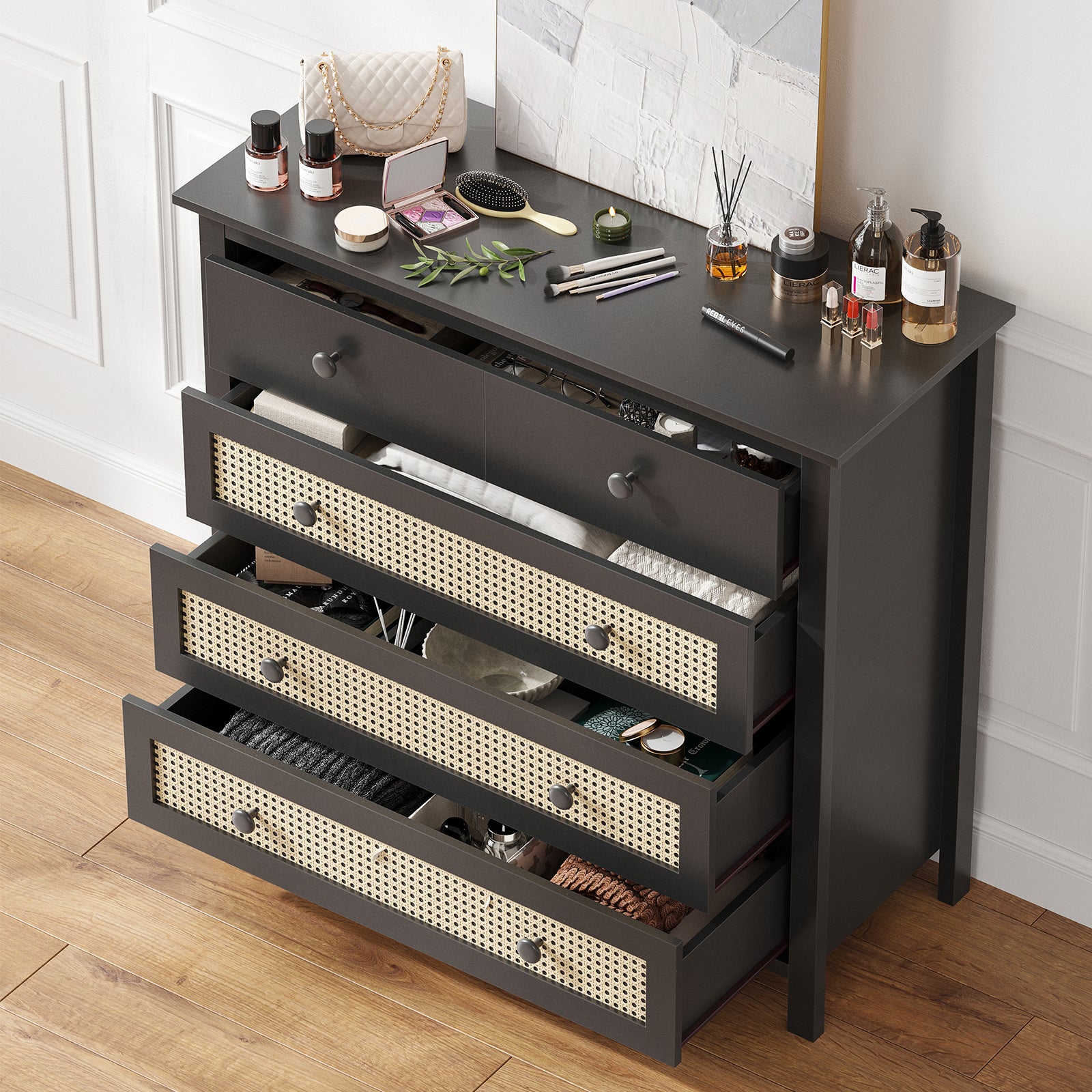 Sideboard Buffet Cabinet with 4 Drawers,Modern Wooden Console Cabinet for Kitchen,Living Room, Dining Room, Hallway,Black