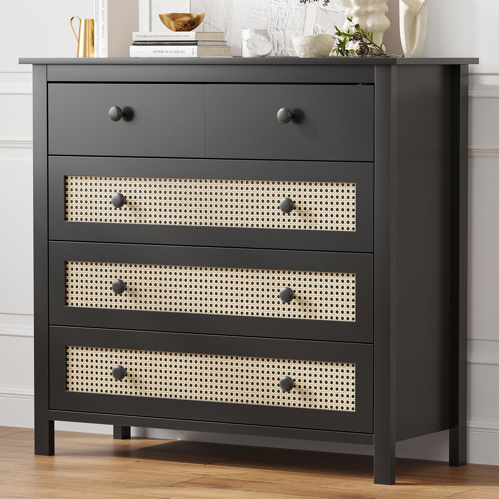 Sideboard Buffet Cabinet with 4 Drawers,Modern Wooden Console Cabinet for Kitchen,Living Room, Dining Room, Hallway,Black