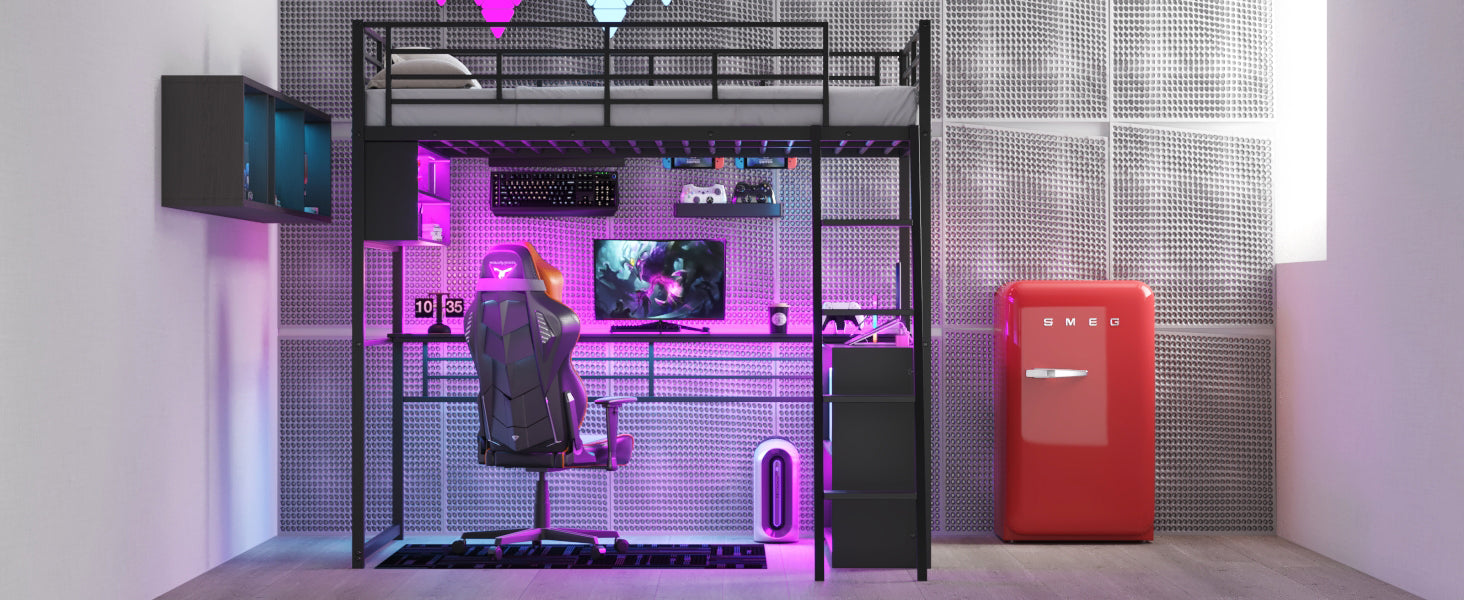Full Size Metal Loft Bed with LED, Desk and 4 Storage Shelves, Black